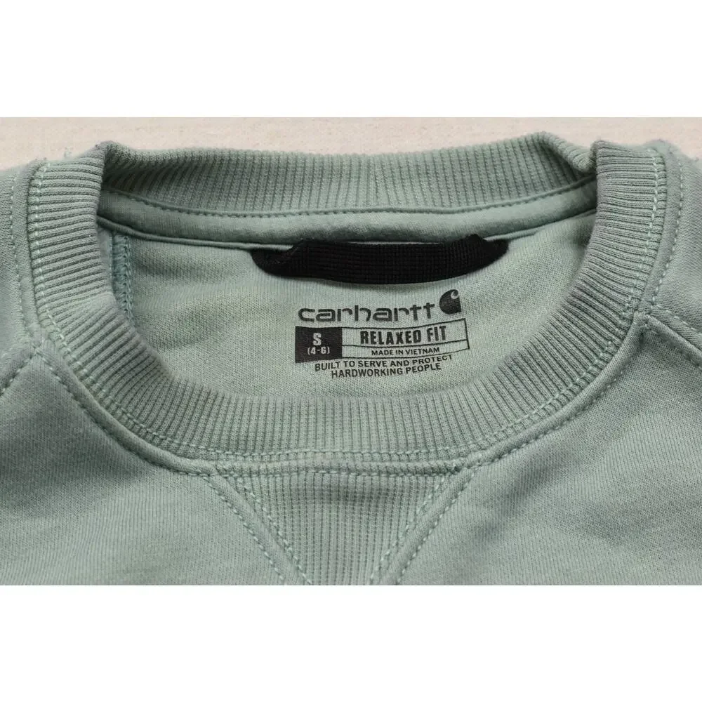 Carhartt Women's Relaxed Fit Sweatshirt Size S Green Crewneck Logo Sleeve Cotton - Picture 6 of 8